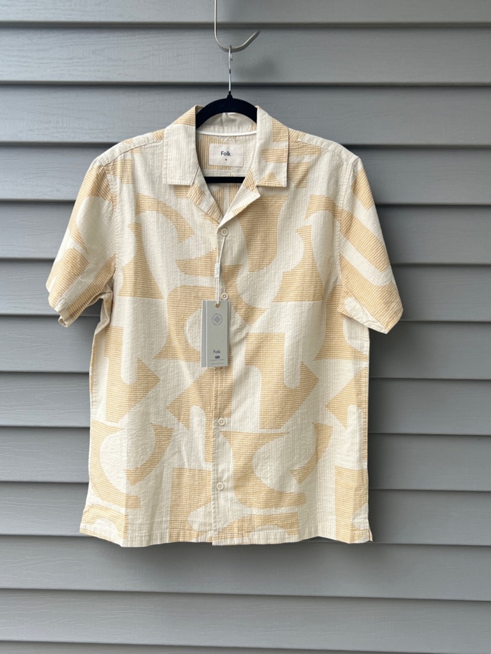 Folk Geometric Print Minimalist Aesthetic Shirt Men’s M Tan/Brown Short Sleeves